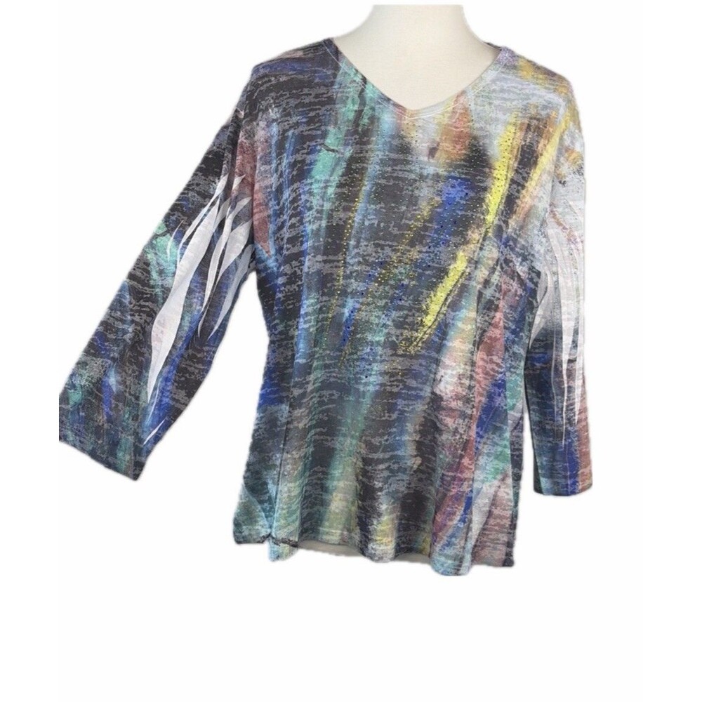 Jess & Jane XL Abstract Burnout Rhinestone Top Semi Sheer 3/4 Sleeve Artsy boho